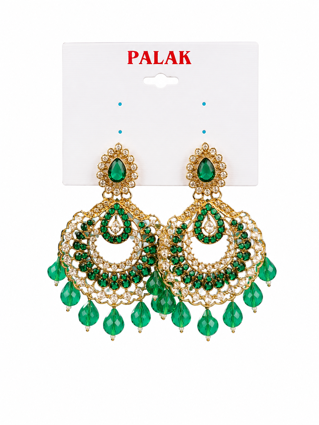 Emerald Elegance: Grand Teardrop Chandbali Earrings with Crystal Accents
