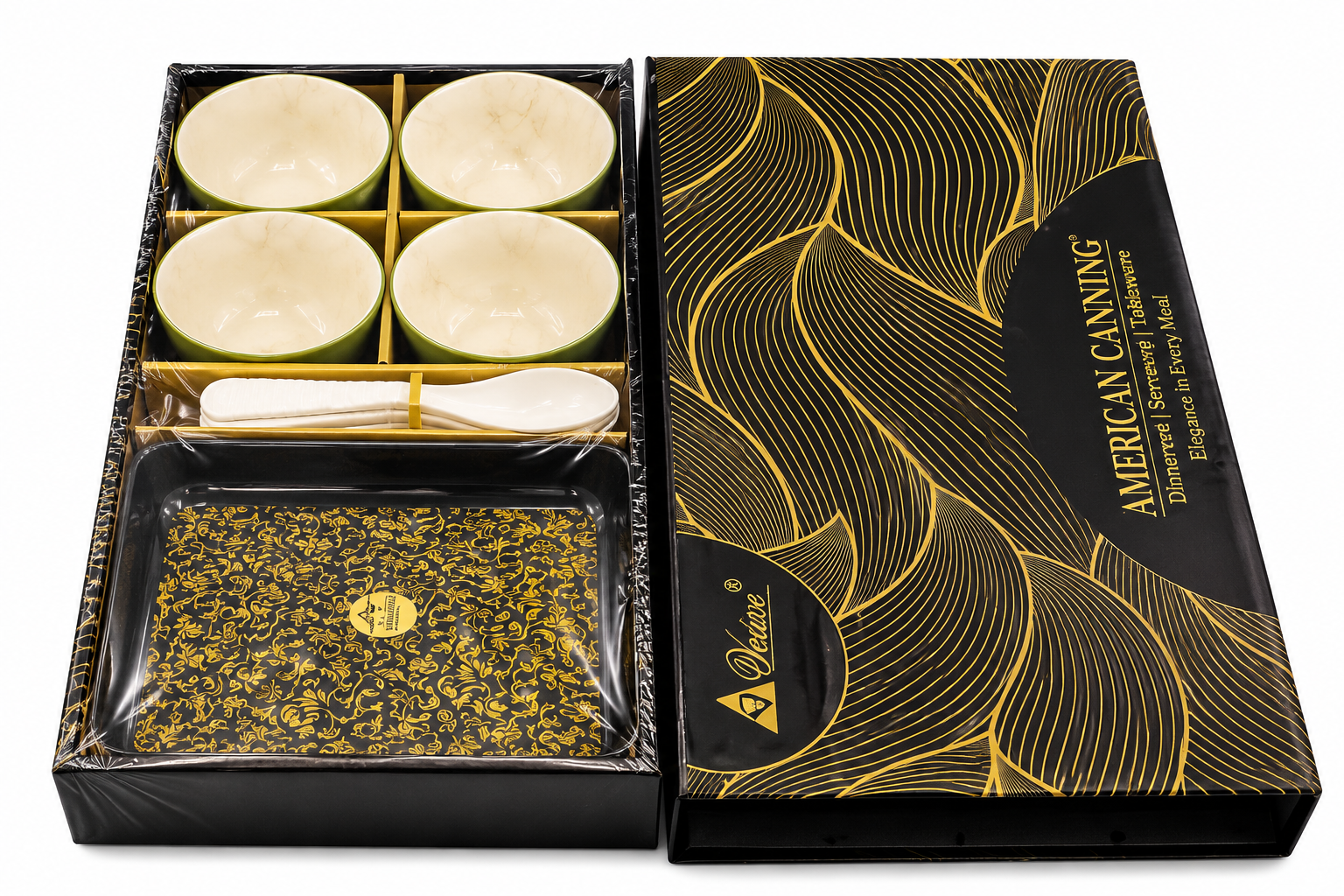 Golden Elegance Ceramic Bowl, Spoon & Tray Set - Luxury Dining Collection