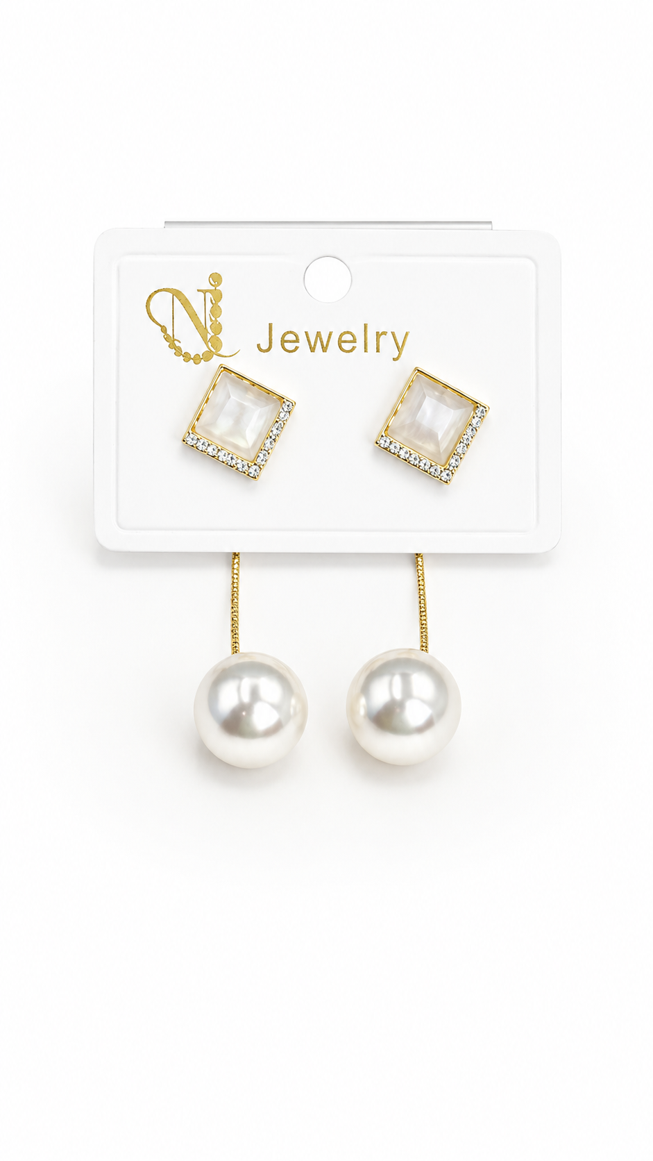 Glamorous Dual-Layer Pearl & Crystal Square Stud Earrings
