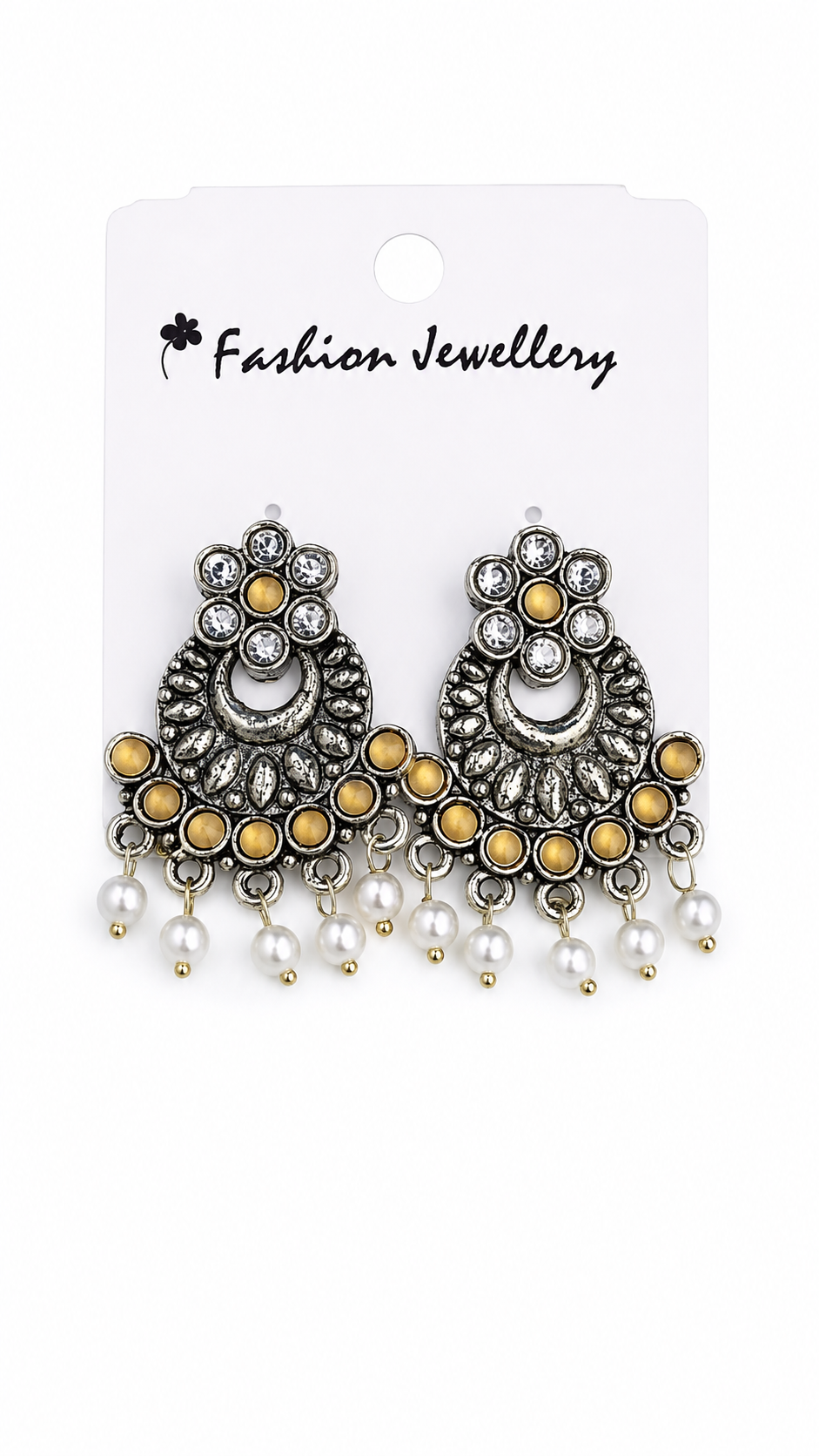 Antique Charm Crystal & Pearl Ethnic Dangle Earrings Set