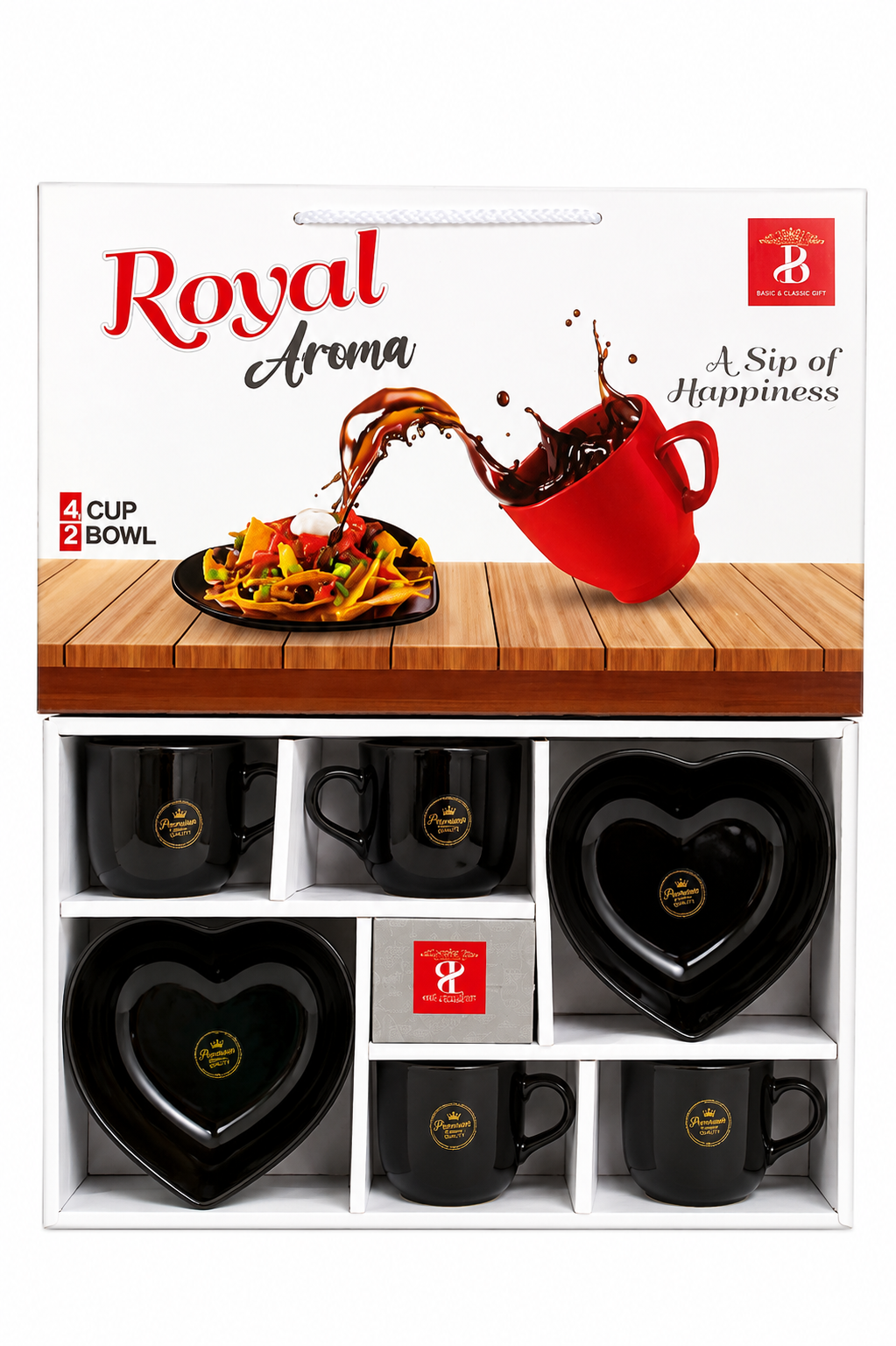 Elegant Heart Harmony Tea Set: 4 Mugs & 2 Bowls Set
