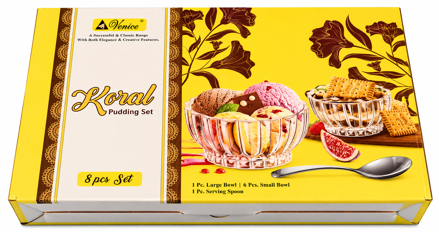 Elegant Venice Koral Glass Pudding Set - 8 Piece Dessert Bowl Collection