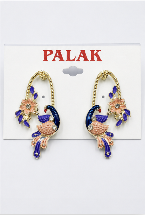 Peacock Elegance Enamel Floral Dangle Earrings