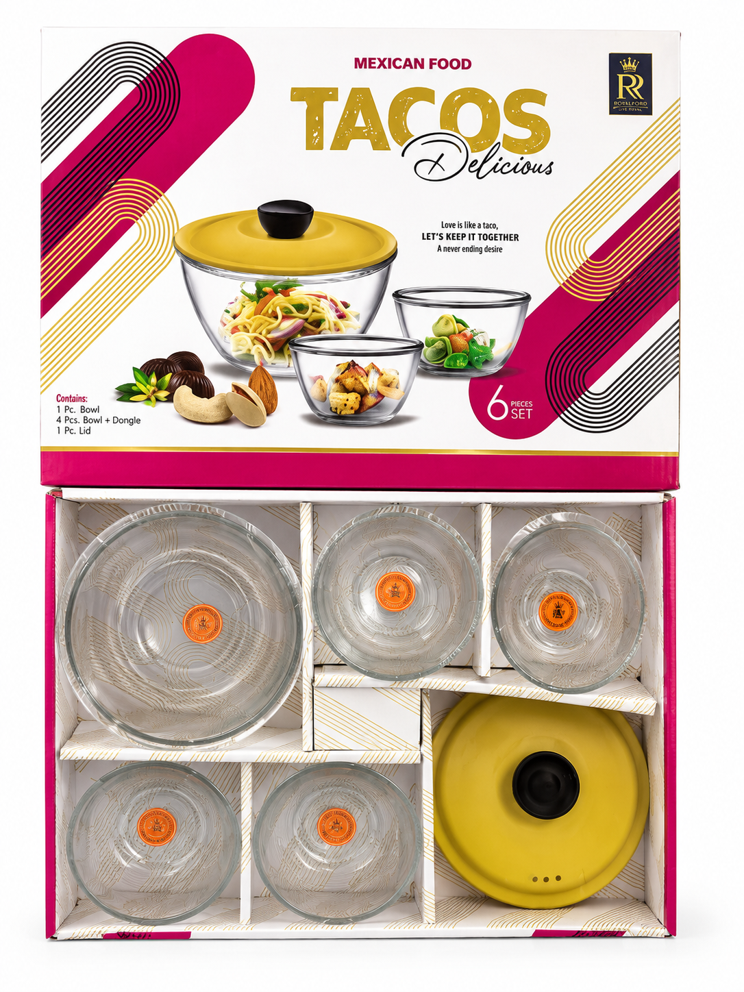 Fiesta Glass Snack Platter Set - 6 Piece Taco Serving Bowls