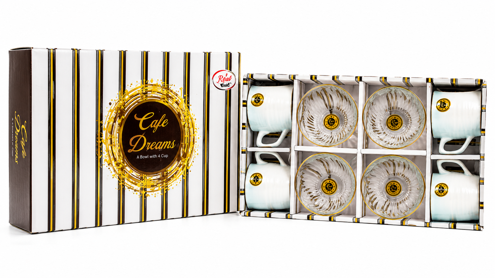 "Elegant Café Dreams 4-Piece Porcelain Tea Set with Glass Bowls"