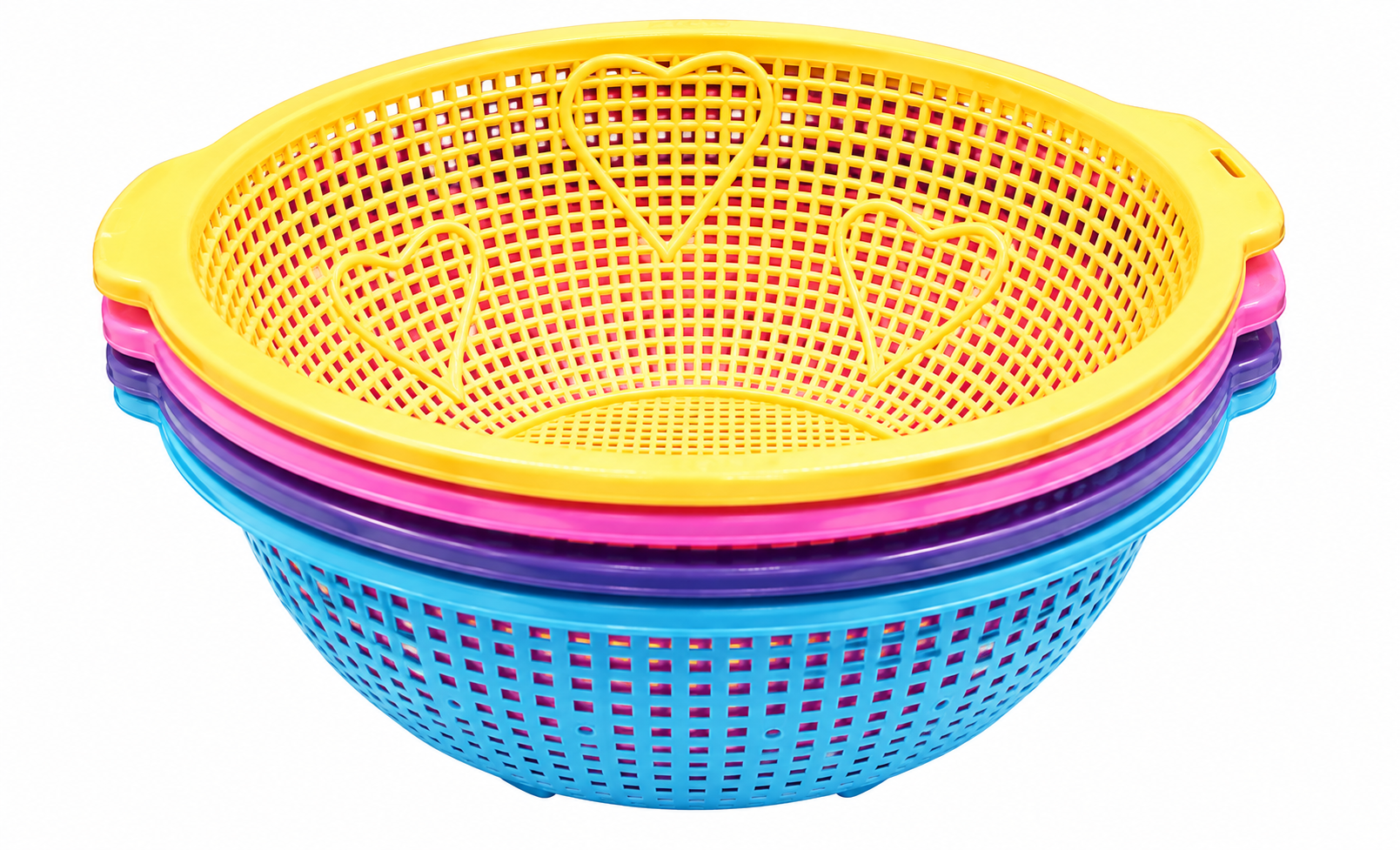 "Colorful Heart-Patterned Plastic Colander Set – Stackable Kitchen Strainers for Fruit & Veggies"