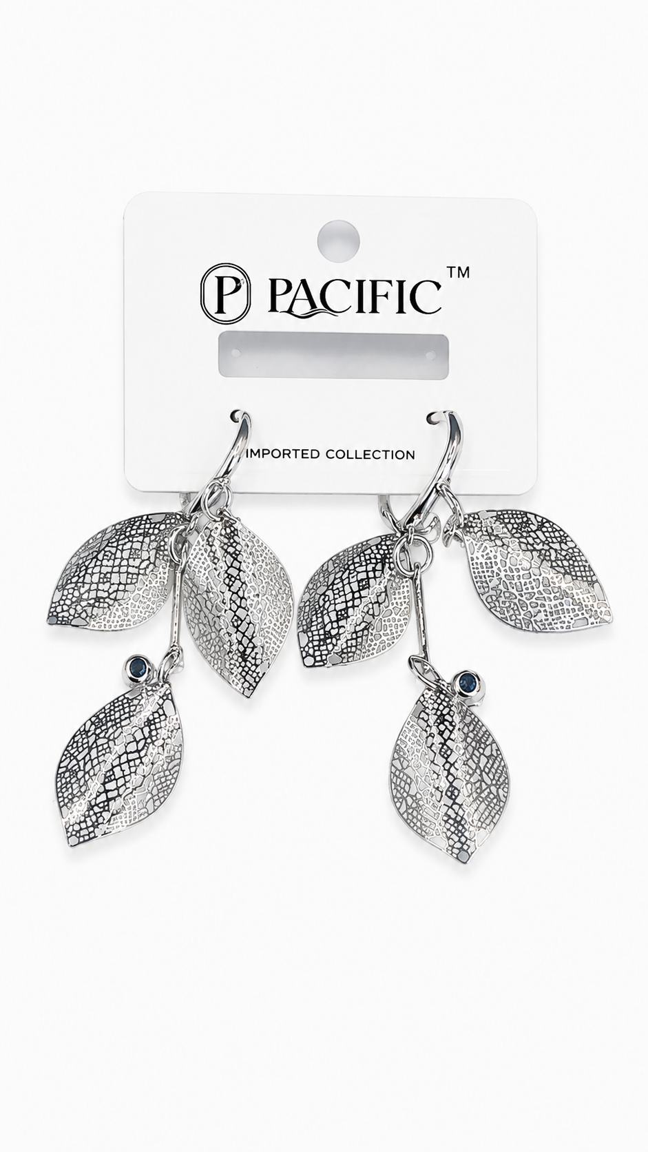 Silver Leaf Cascade Dangle Earrings with Textured Design and Blue Accents