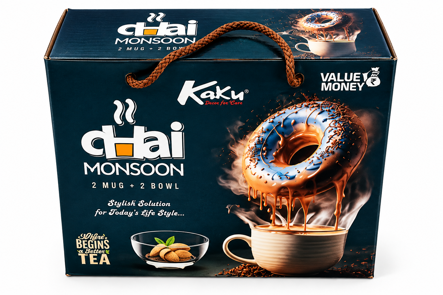 Elegant Floral Chai Monsoon Tea Set - 2 Mugs & 2 Bowls