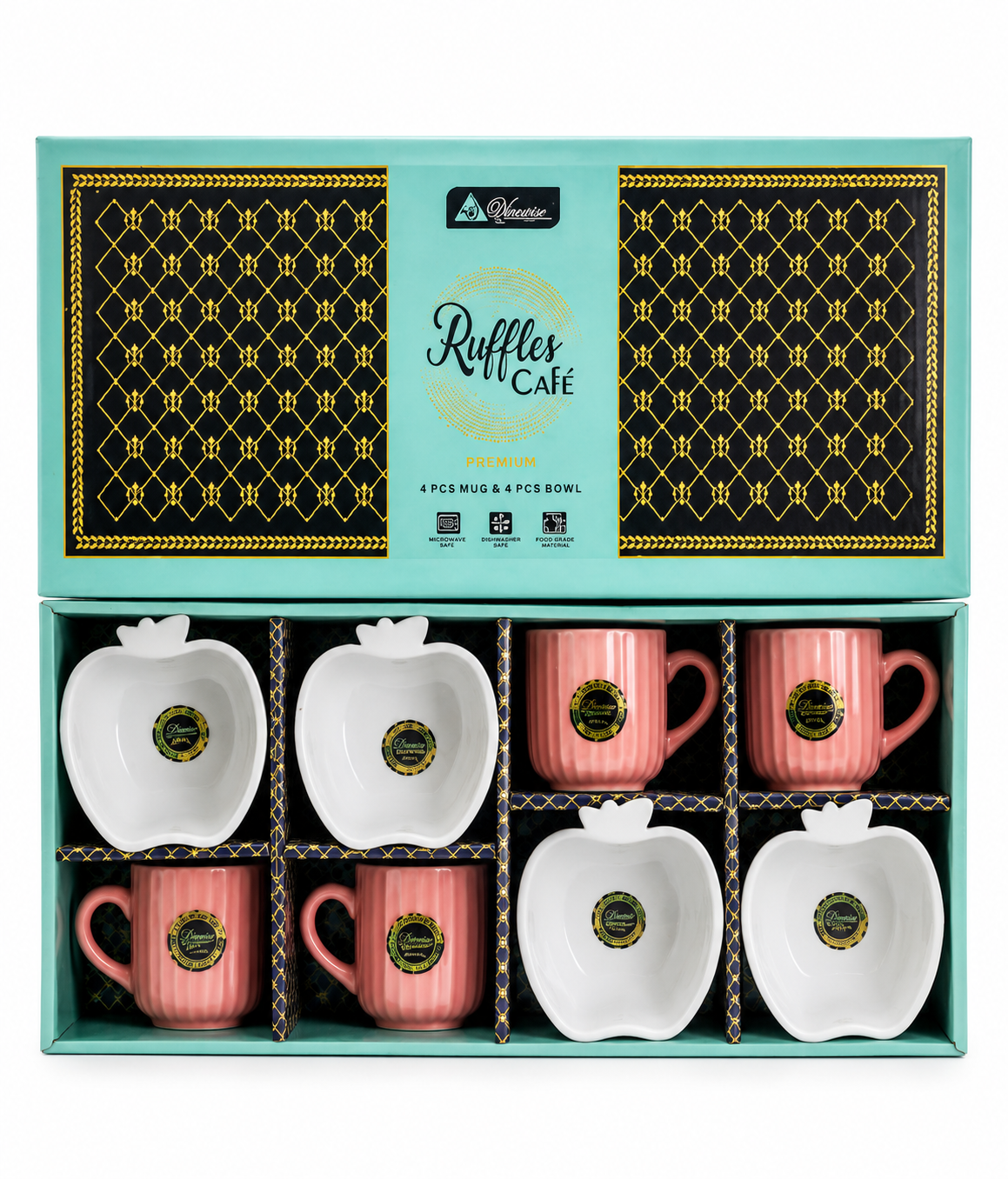 "Elegant Ruffles Café Ceramic Mug & Apple Bowl Set - 8 Piece Collection"