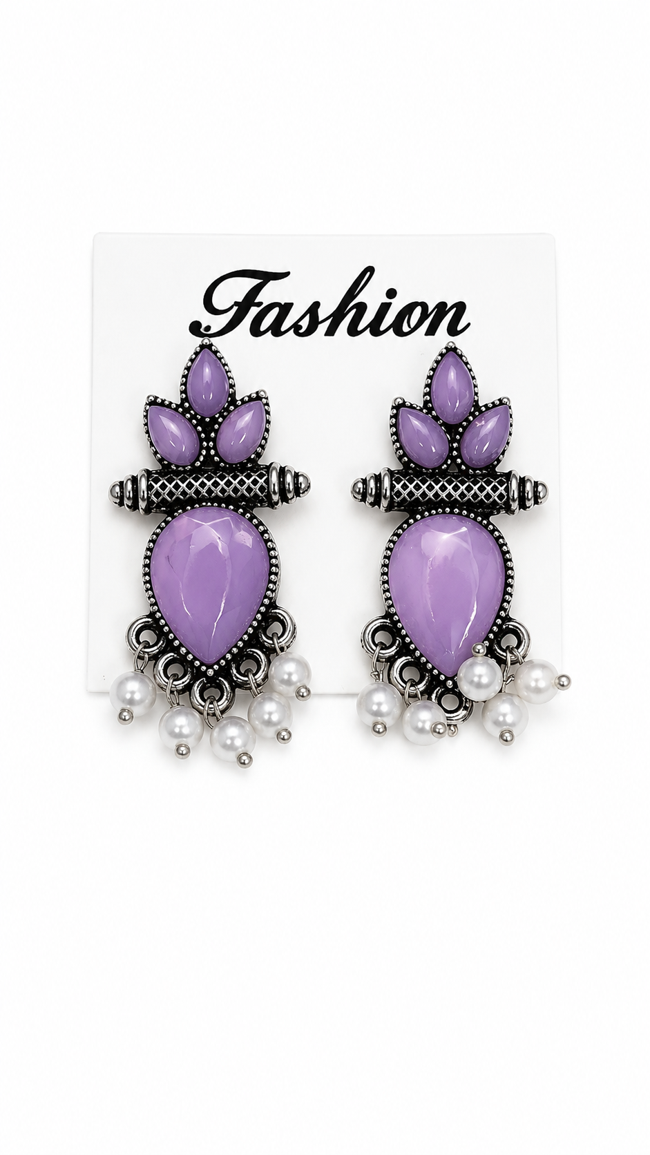 Lavender Teardrop Pearl Dangle Earrings with Silver Filigree Design