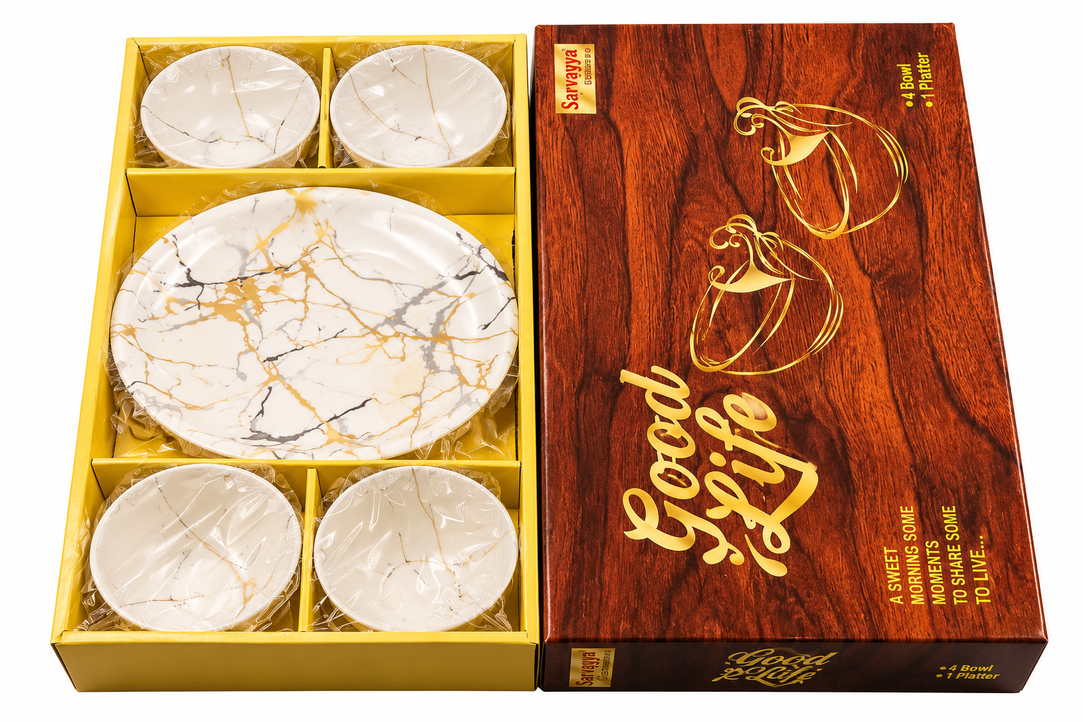 Elegant Marble-Design Tea Set: 4 Bowls & Platter Gift Box