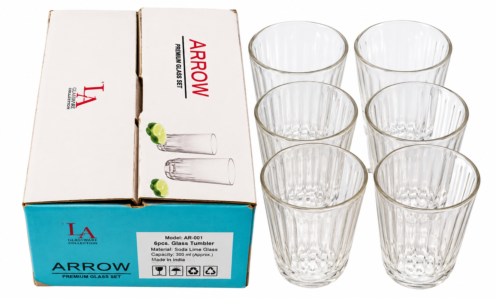 "Arrow Crystal Clear 6-Piece Glass Tumbler Set - 300ml Premium Drinkware Collection"