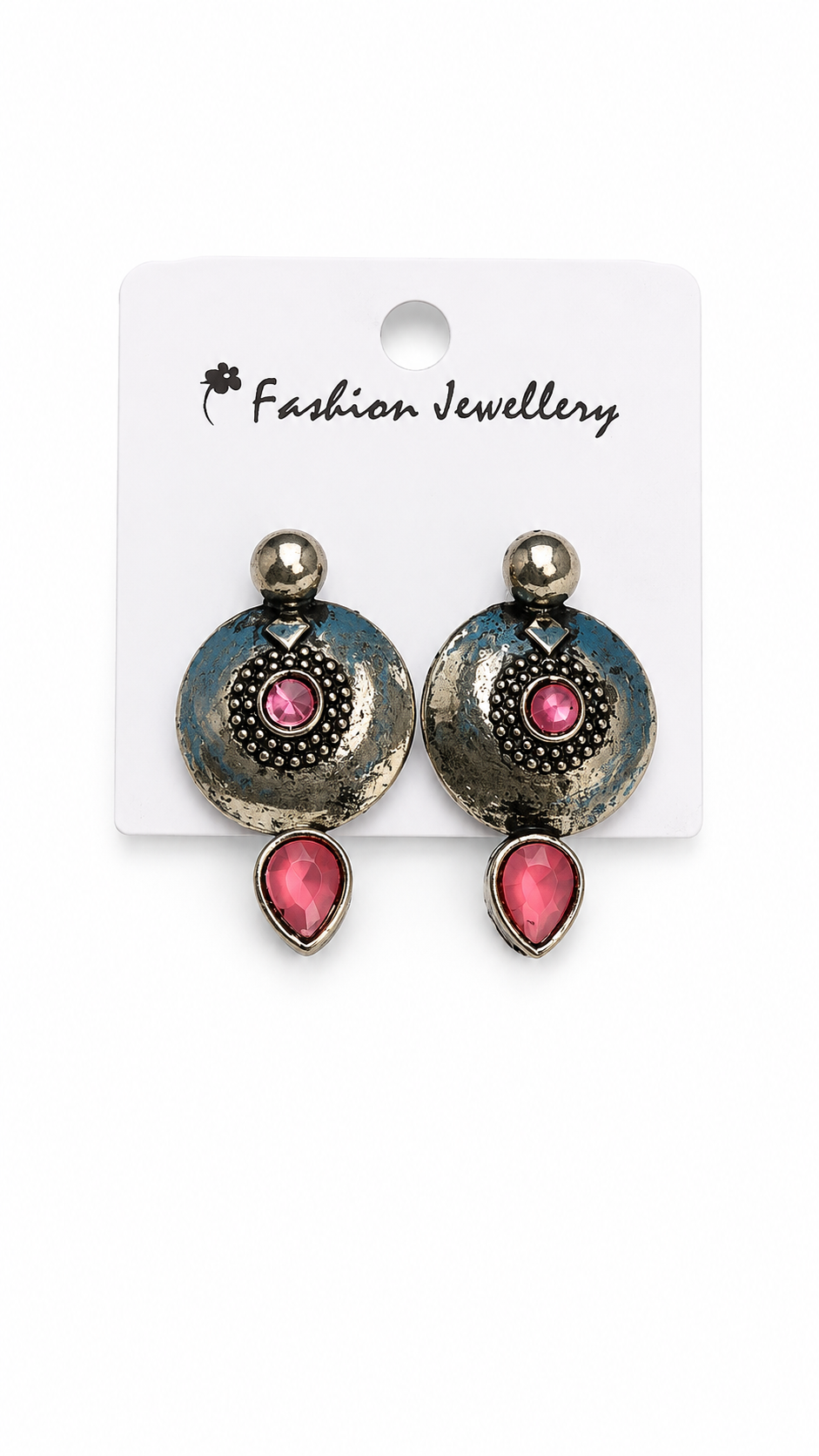 Boho Glam Silver Tone Pink Gemstone Dangle Earrings