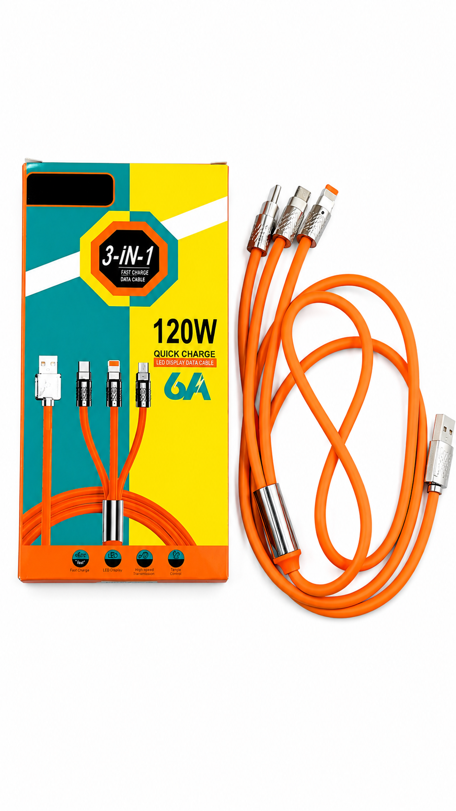 TurboCharge 120W 3-in-1 Fast Charging Cable with LED Display