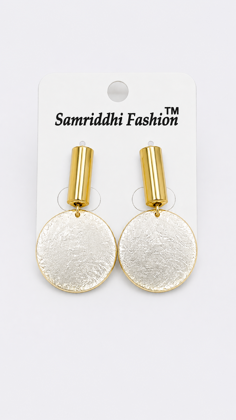 Golden Cylinder & Silver Disc Dangle Earrings - Elegant Statement Jewelry